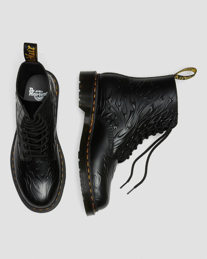 Black Men's Dr Martens 1460 Flames Emboss Leather Lace Up Boots | CA 509BEX